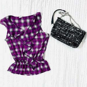 Purple Plaid Sleeveless Ruffle Peplum Blouse